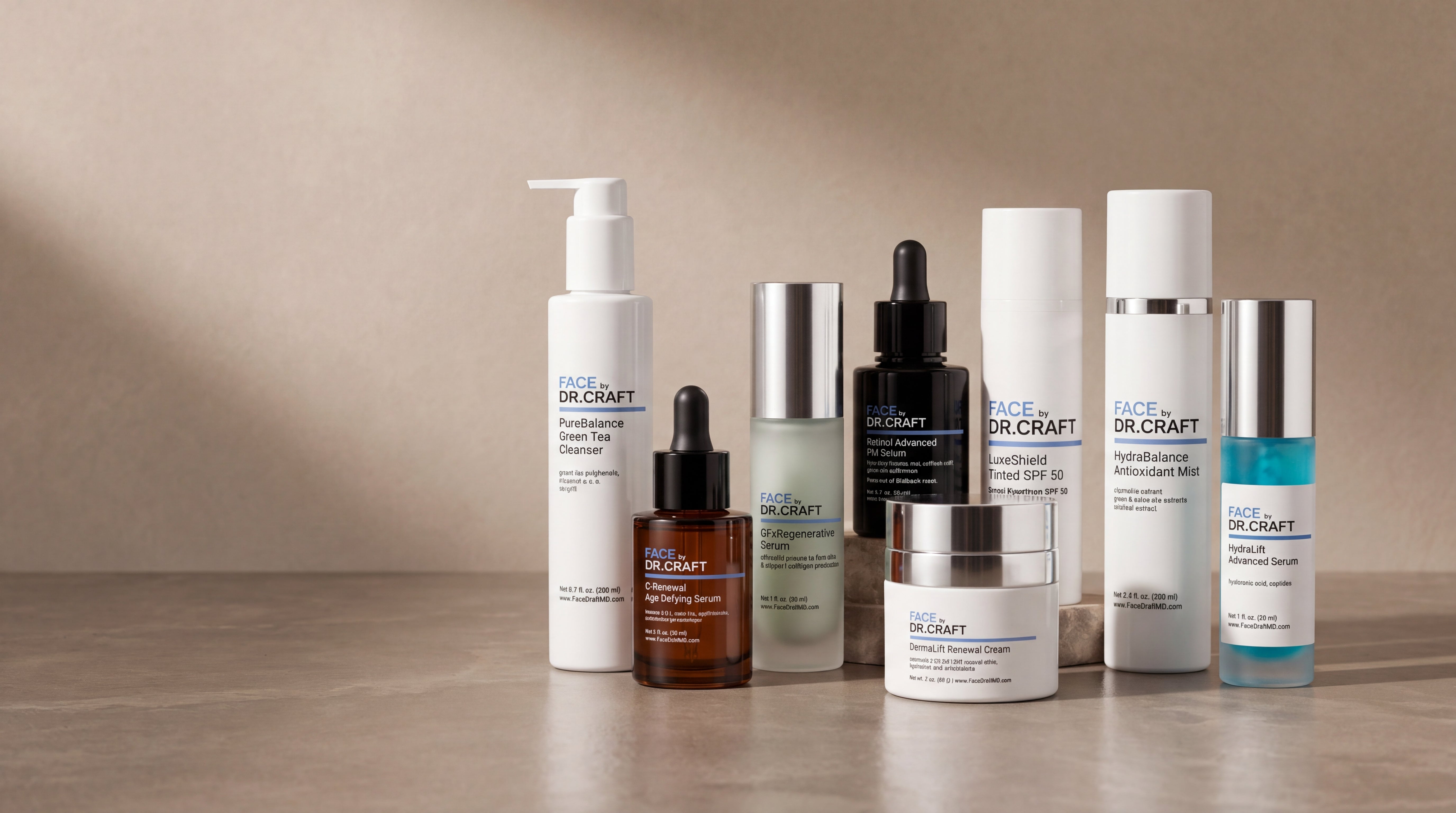Total Renewal Protocol — eight FACE by Dr. Craft physician-formulated products on warm stone background, anchored by GFx Regenerative Serum