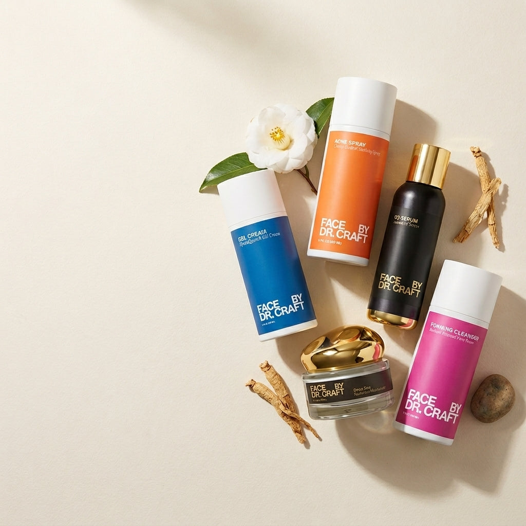 K-Beauty Capsule Collection — 5-product Korean skincare ritual by FACE by Dr. Craft on white background with floral accents