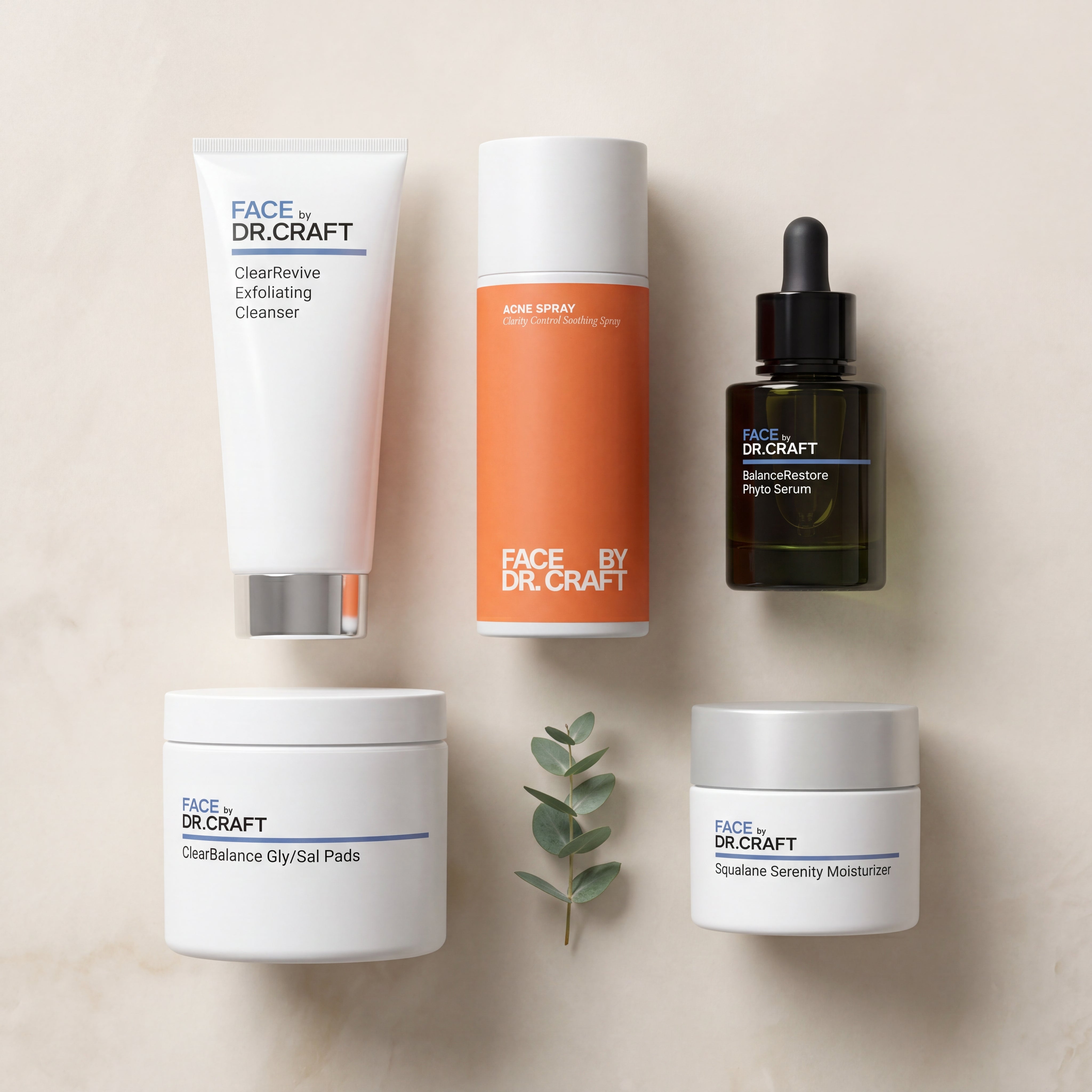 Flat lay of the five FACE by Dr. Craft products in the Clear Skin Protocol — ClearRevive Exfoliating Cleanser, ClearBalance Gly/Sal Pads, Clarity Control Soothing Spray, BalanceRestore Phyto Serum, and Squalane Serenity Moisturizer — on a warm bone background.