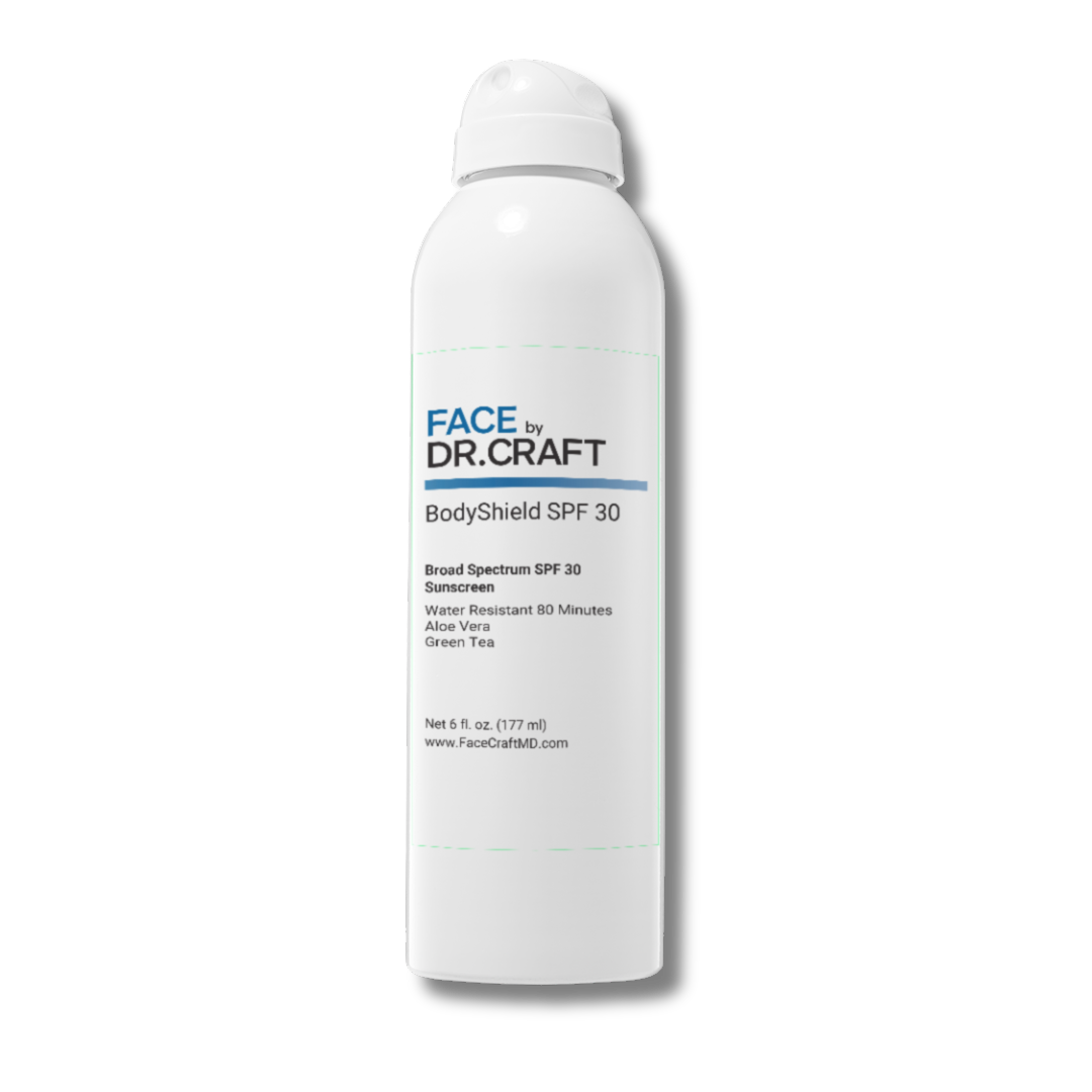 BodyShield SPF 30 — front view, lightweight mineral sunscreen spray for body by FACE by Dr. Craft