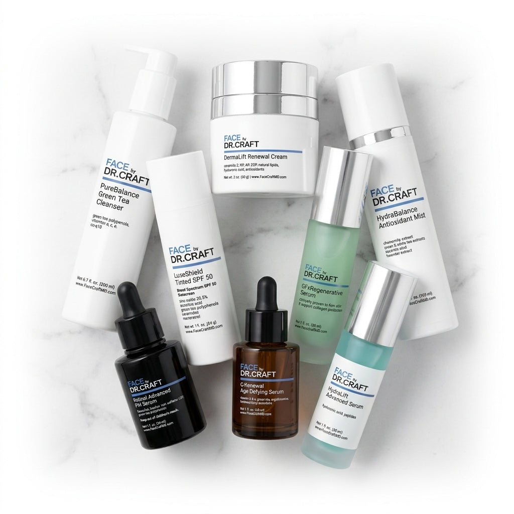 Total Renewal Protocol — eight FACE by Dr. Craft physician-formulated products on mint background, anchored by GFx Regenerative Serum