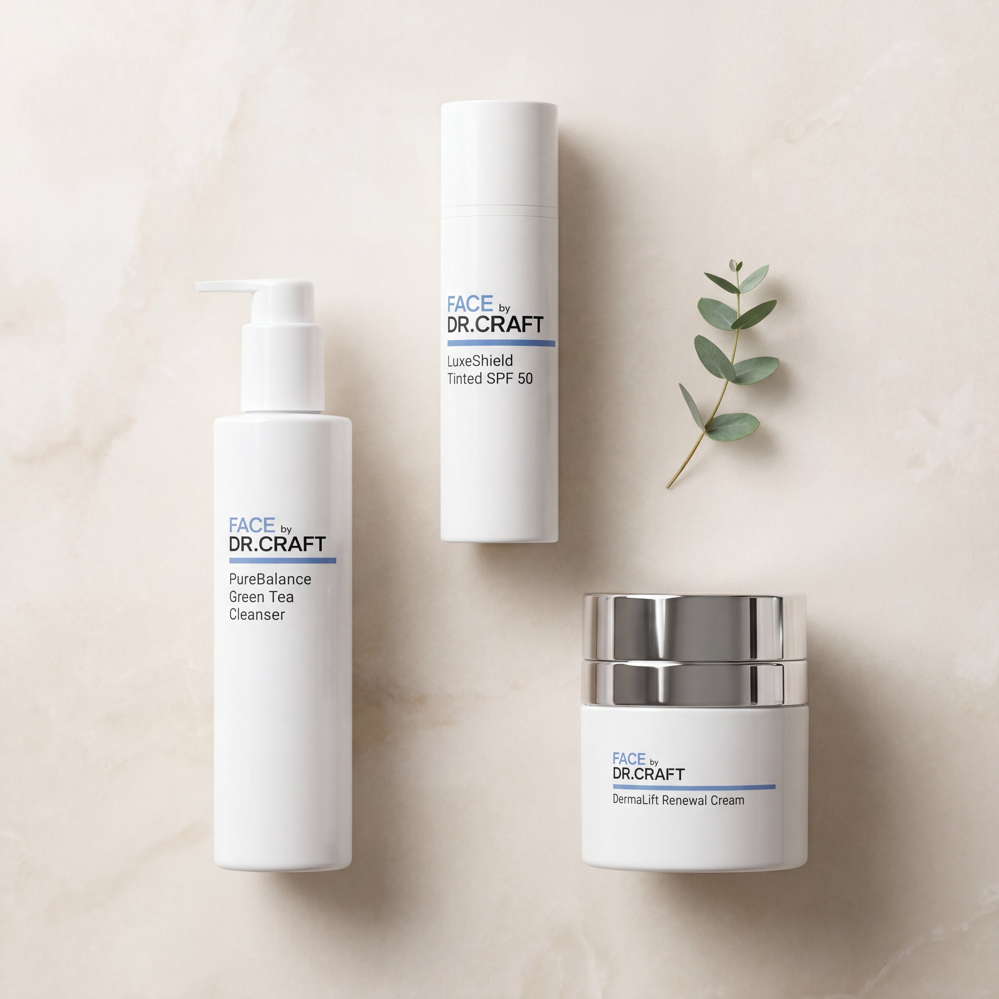 Flat lay of the three FACE by Dr. Craft products in the Daily Essentials Starter — PureBalance Green Tea Cleanser, DermaLift Renewal Cream, and LuxeShield Tinted SPF 50 — on a warm bone background.
