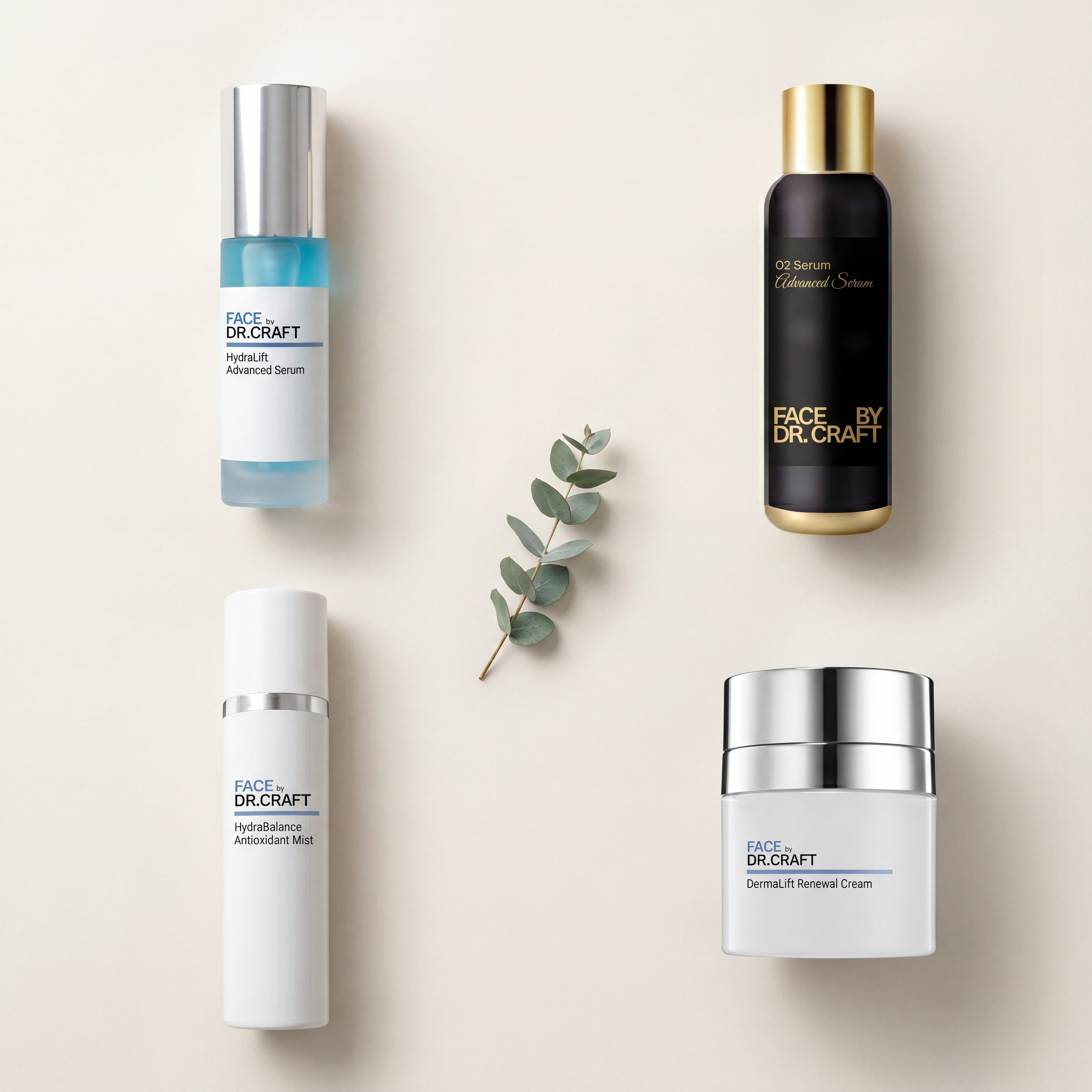 Flat lay of the four FACE by Dr. Craft products in the Hydration Powerhouse — HydraBalance Antioxidant Mist, O2 Serum, HydraLift Advanced Serum, and DermaLift Renewal Cream — on a warm bone background.
