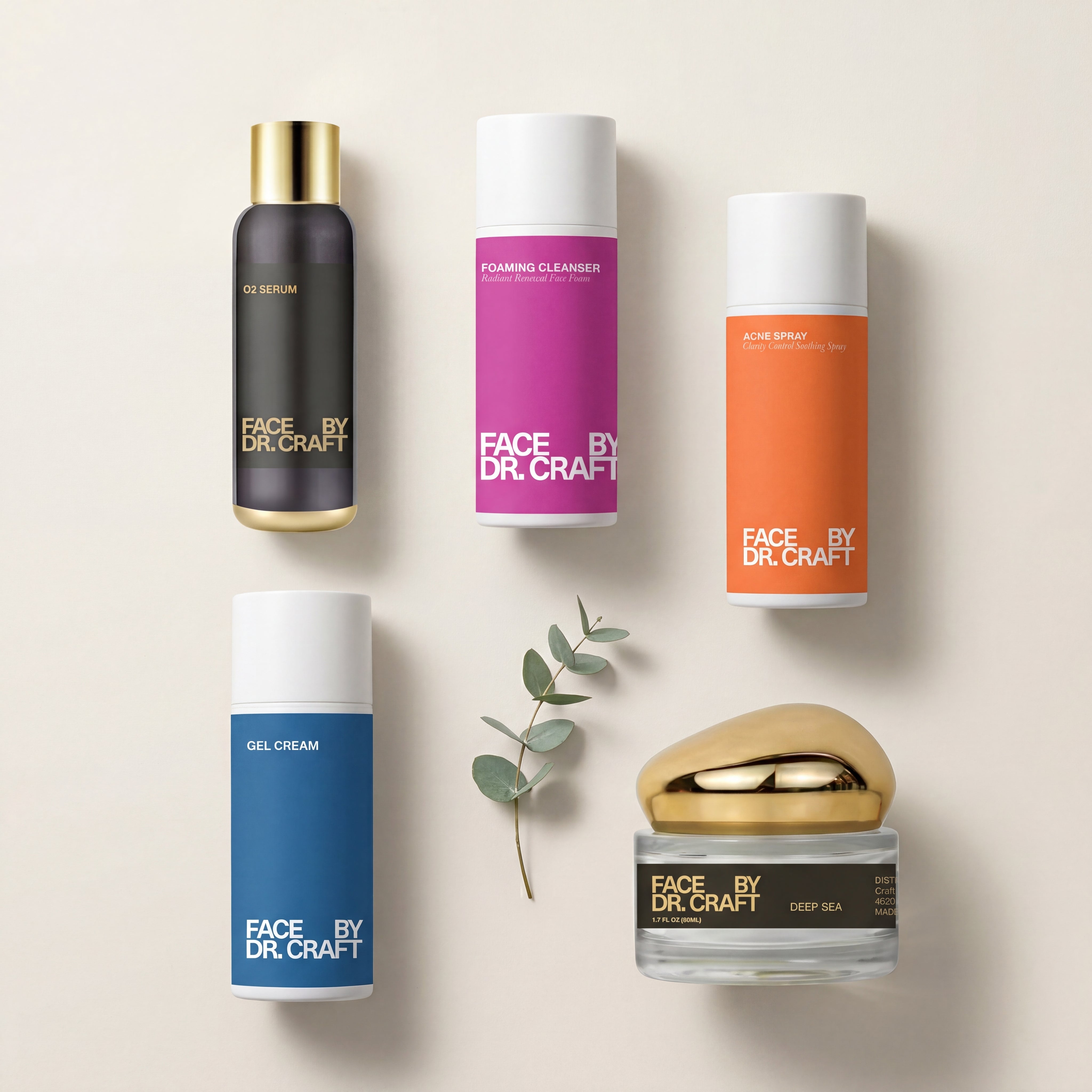 Flat lay of the five FACE by Dr. Craft K-Beauty Capsule Collection products — Radiant Renewal Face Foam, O2 Serum, HydraQuench Gel Cream, Deep Sea Radiance Moisturizer, and Clarity Control Soothing Spray — on a warm bone background.