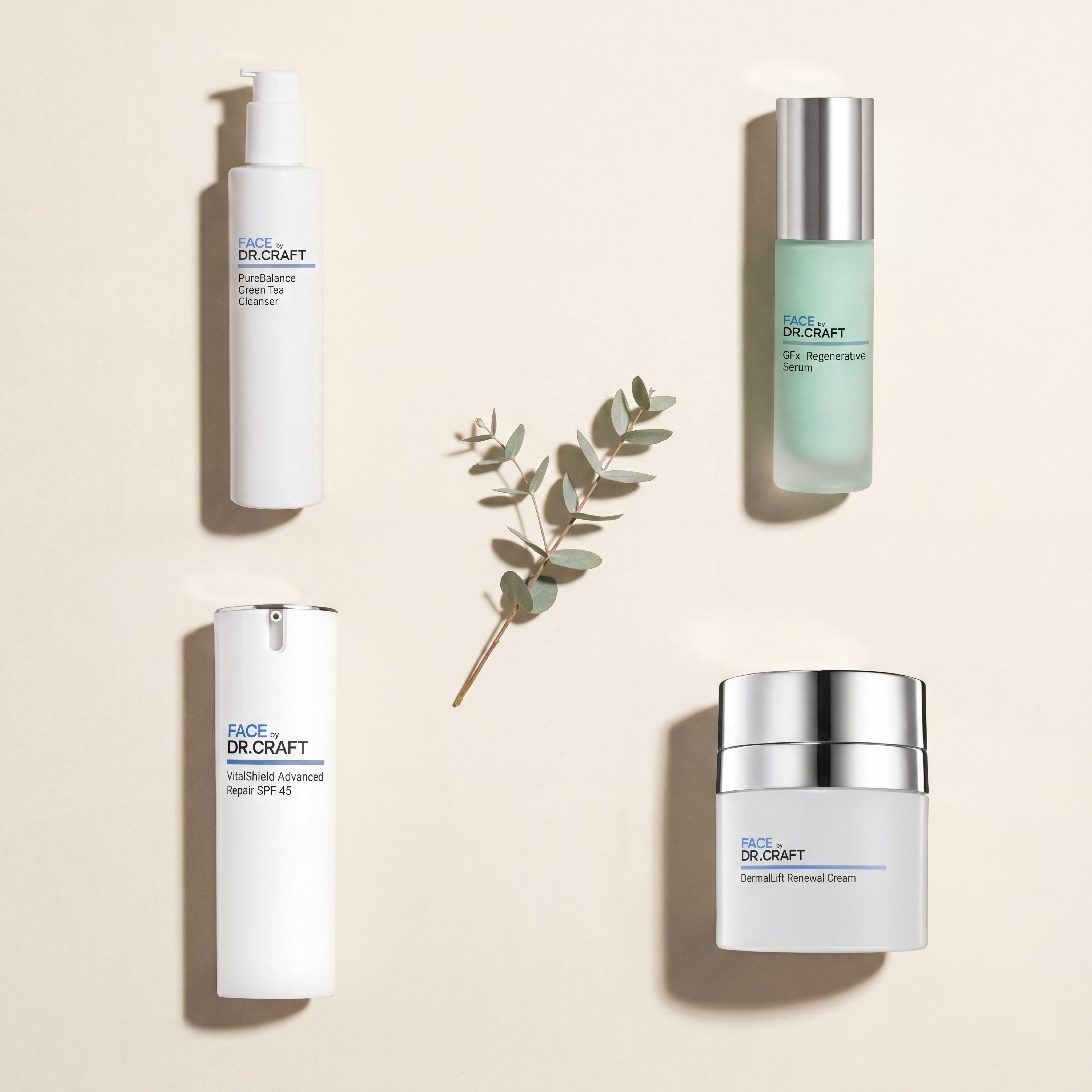 Flat lay of the four FACE by Dr. Craft products in the Recovery and Repair Kit — PureBalance Green Tea Cleanser, GFx Regenerative Serum, VitalShield Advanced Repair SPF 45, and DermaLift Renewal Cream — on a warm bone background.