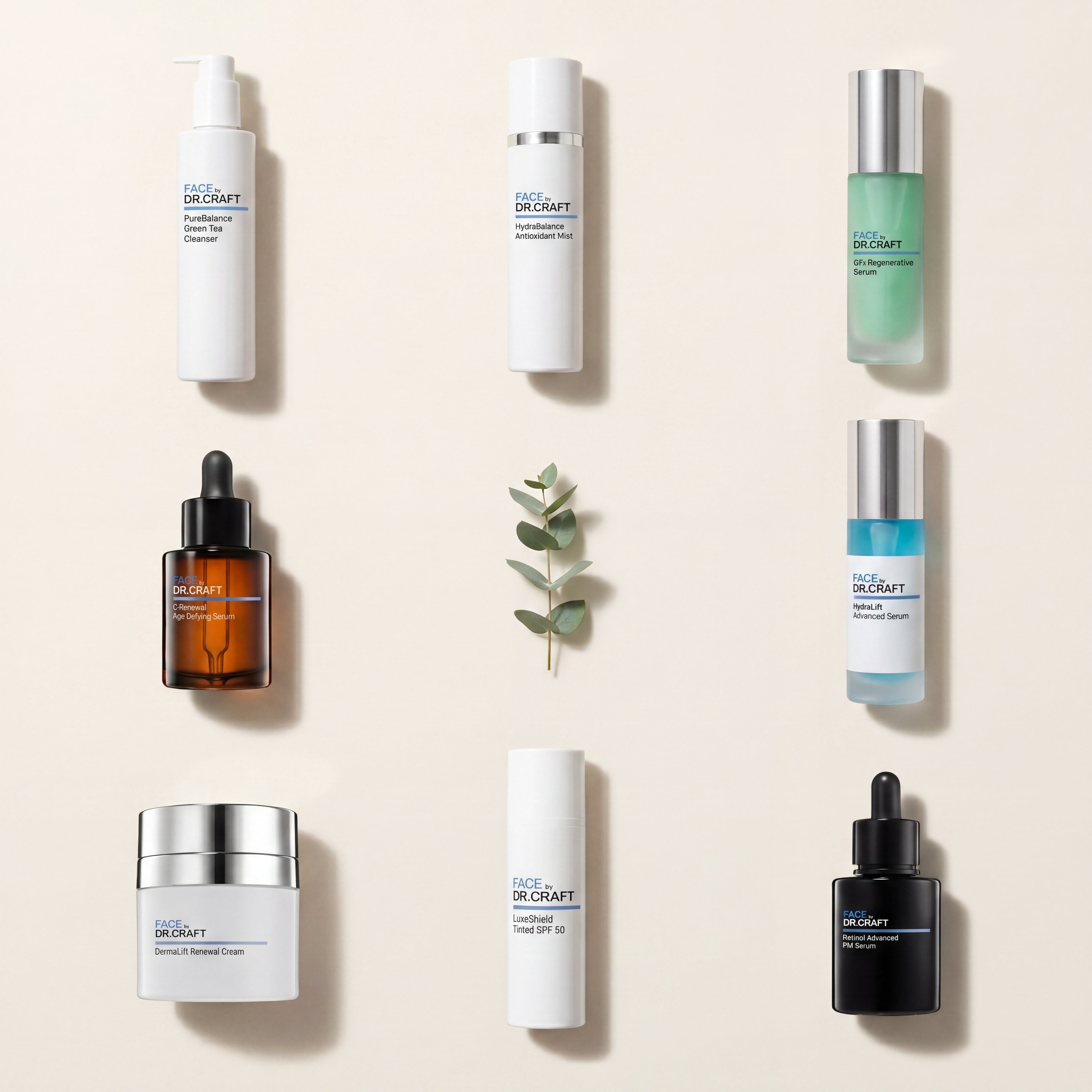Flat lay of the eight FACE by Dr. Craft products in the Total Renewal Protocol, arranged on a warm bone background and anchored by the GFx Regenerative Serum.